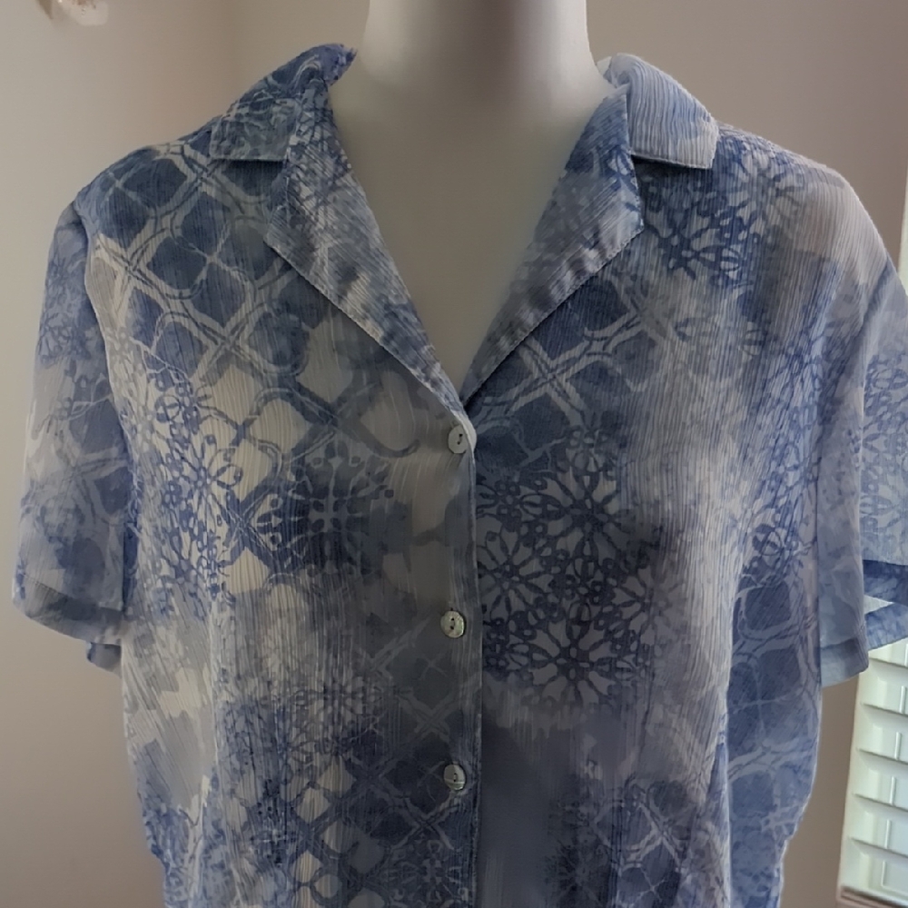 Alfred Dunner Blue Patterned Sheer Blouse